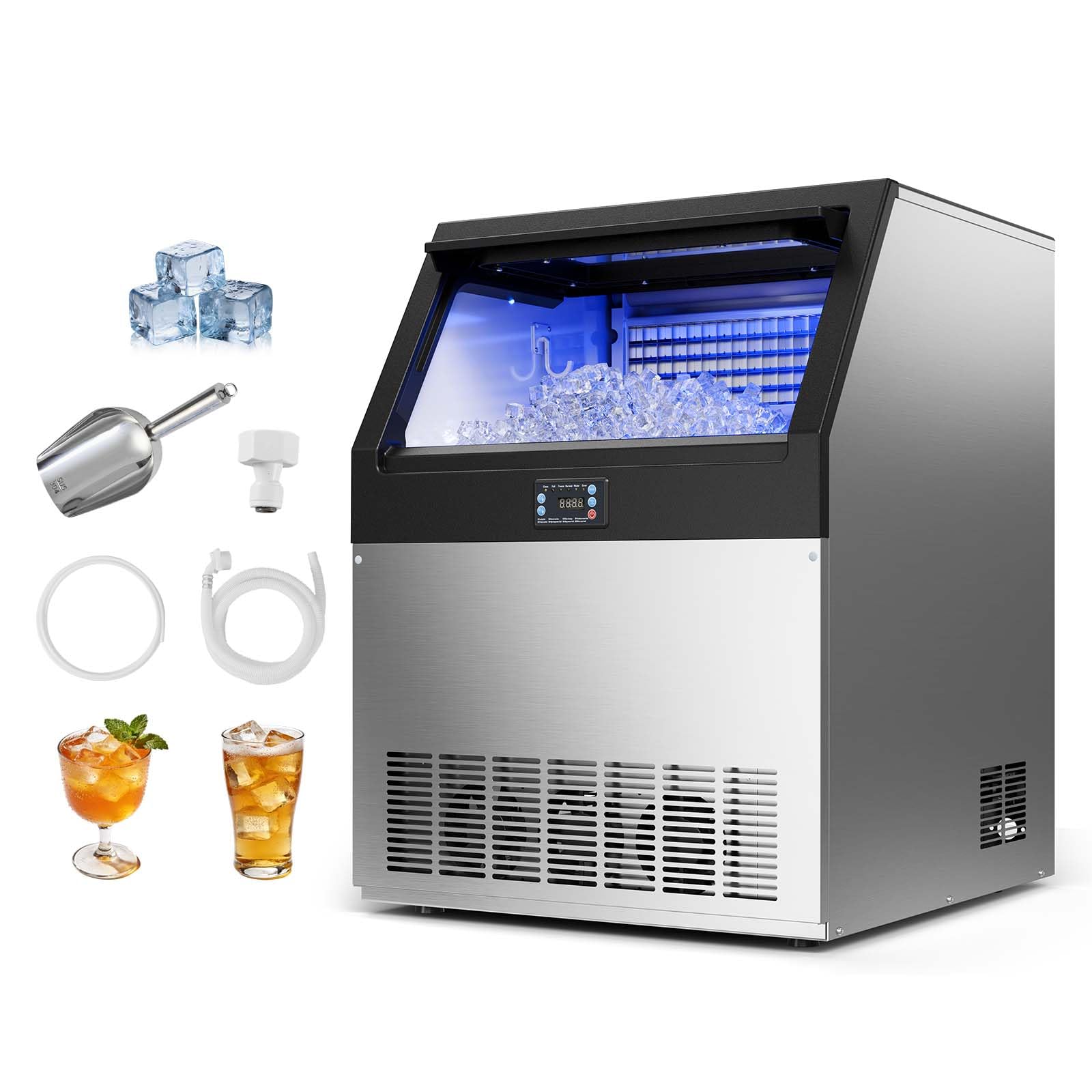 VEVOR Commercial Ice Maker Machine,Built-in/Freestanding/Under Counter, Stainless Steel Ice Maker with LED Display & Self-Cleaning, for Home Bar