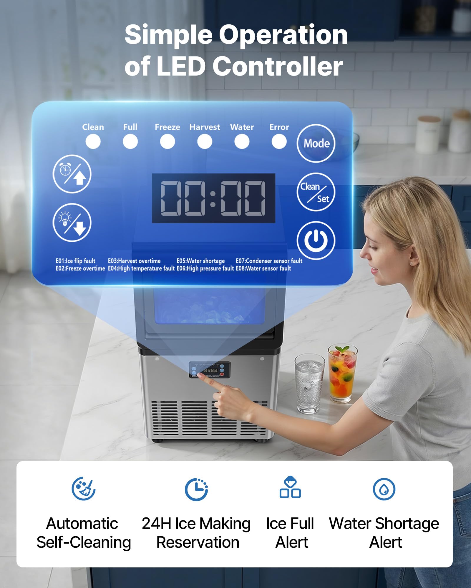 VEVOR Commercial Ice Maker Machine,Built-in/Freestanding/Under Counter, Stainless Steel Ice Maker with LED Display & Self-Cleaning, for Home Bar