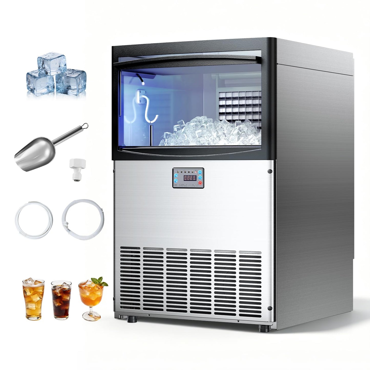 Stainless Steel Ice Maker with Self-Cleaning Display