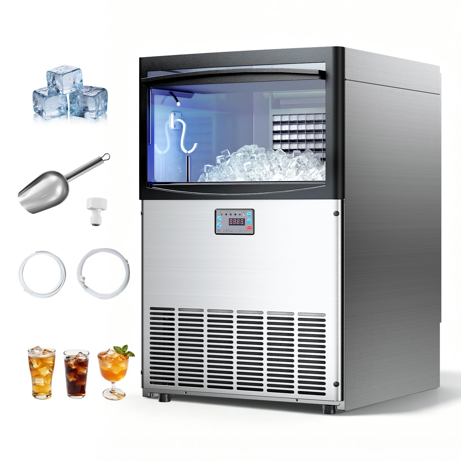 VEVOR Commercial Ice Maker Machine,Built-in/Freestanding/Under Counter, Stainless Steel Ice Maker with LED Display & Self-Cleaning, for Home Bar