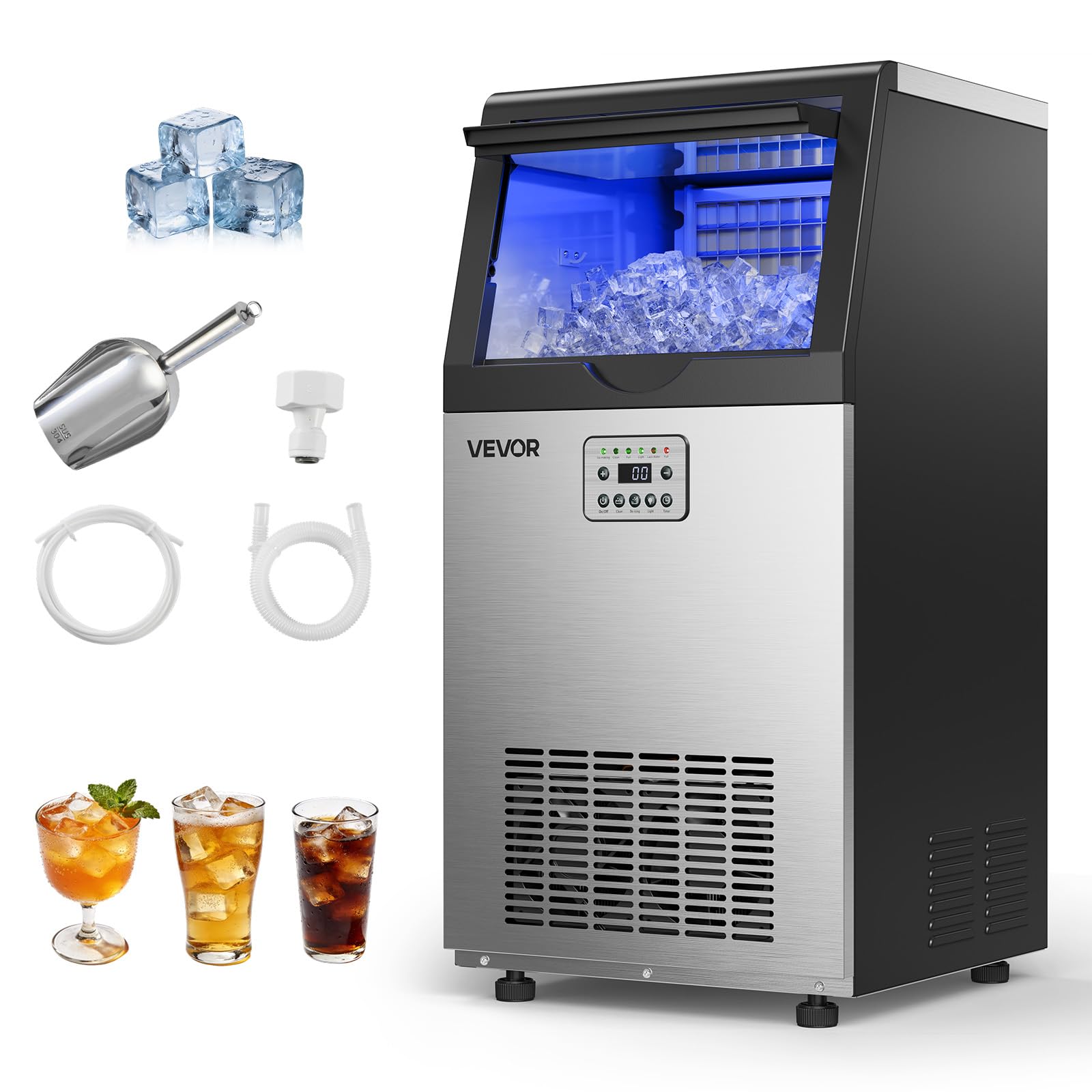 VEVOR Commercial Ice Maker Machine,Built-in/Freestanding/Under Counter, Stainless Steel Ice Maker with LED Display & Self-Cleaning, for Home Bar