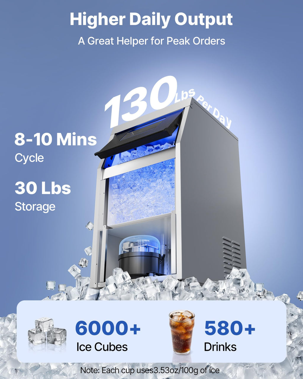 Stainless Steel Ice Maker with 130 lb Daily Capacity