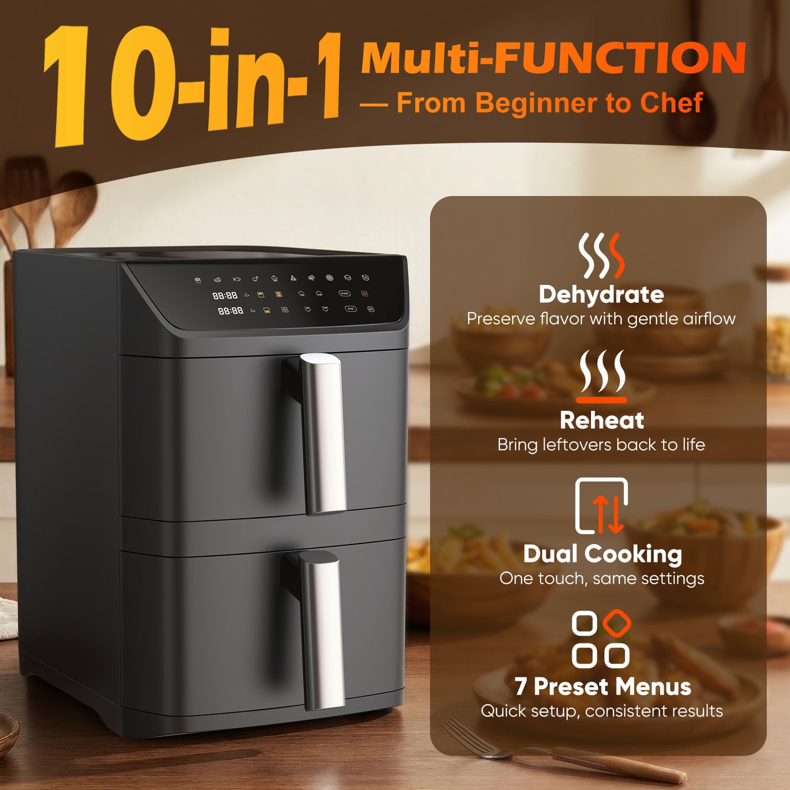 Dual Basket Air Fryer, 12.6QT Family-Size for 10–12 People, XL Basket for 6LB Whole Chicken, DoubleStack Compact Design, 10-in-1 Functions with Reheat, Dehydrate & SyncFinish, Dishwasher-Safe