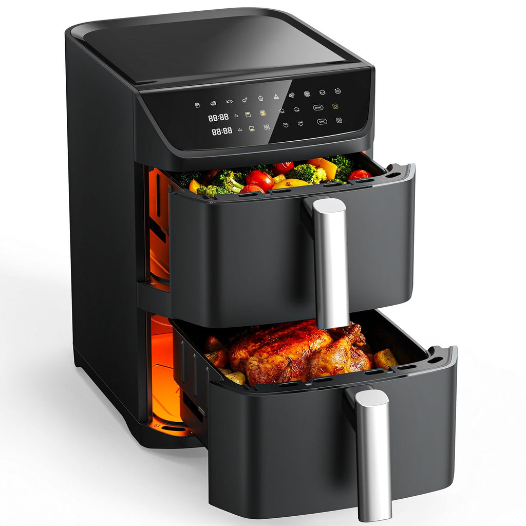 Dual Basket Air Fryer, 12.6QT Family-Size for 10–12 People, XL Basket for 6LB Whole Chicken, DoubleStack Compact Design, 10-in-1 Functions with Reheat, Dehydrate & SyncFinish, Dishwasher-Safe