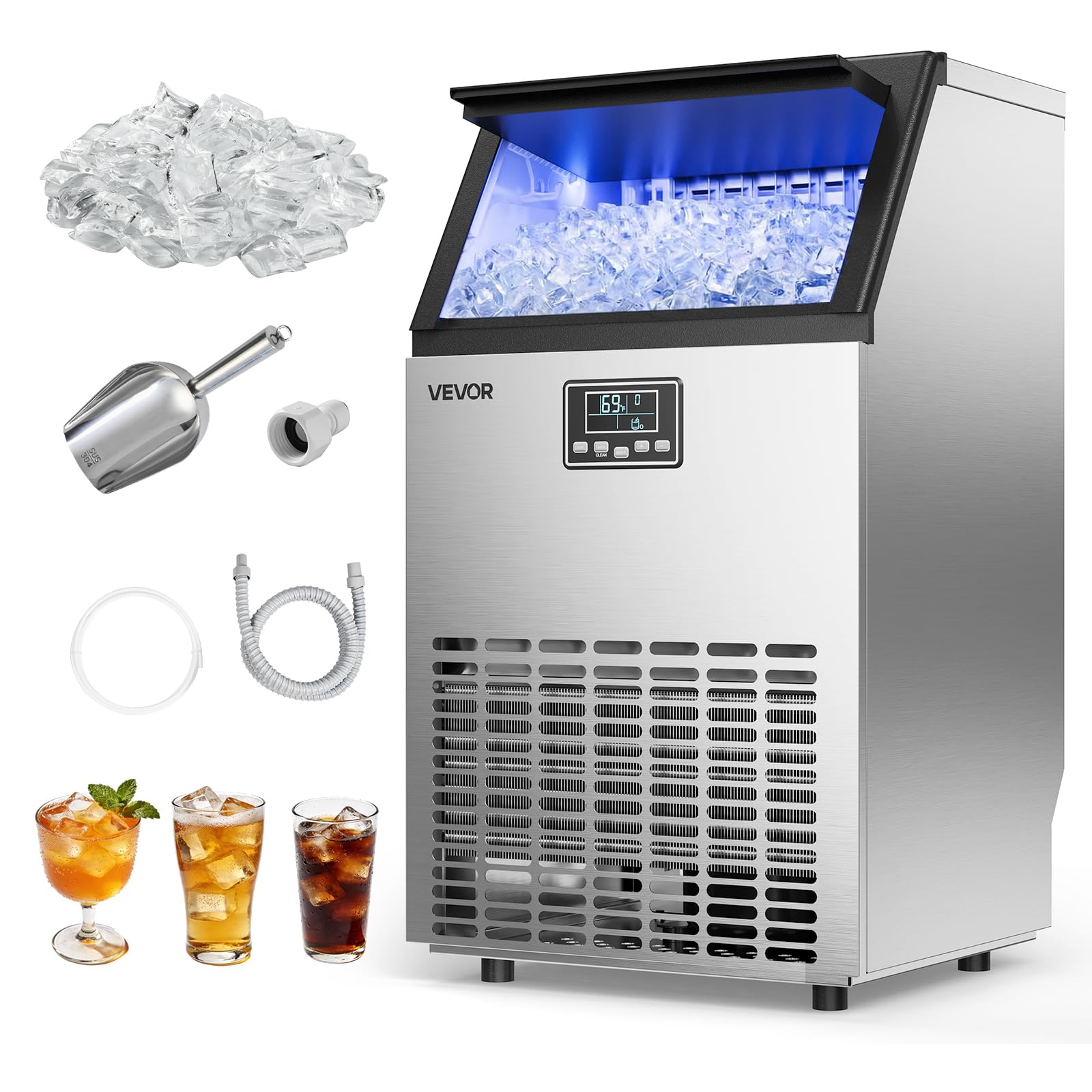 VEVOR Commercial Ice Maker Machine,Built-in/Freestanding/Under Counter, Stainless Steel Ice Maker with LED Display & Self-Cleaning, for Home Bar
