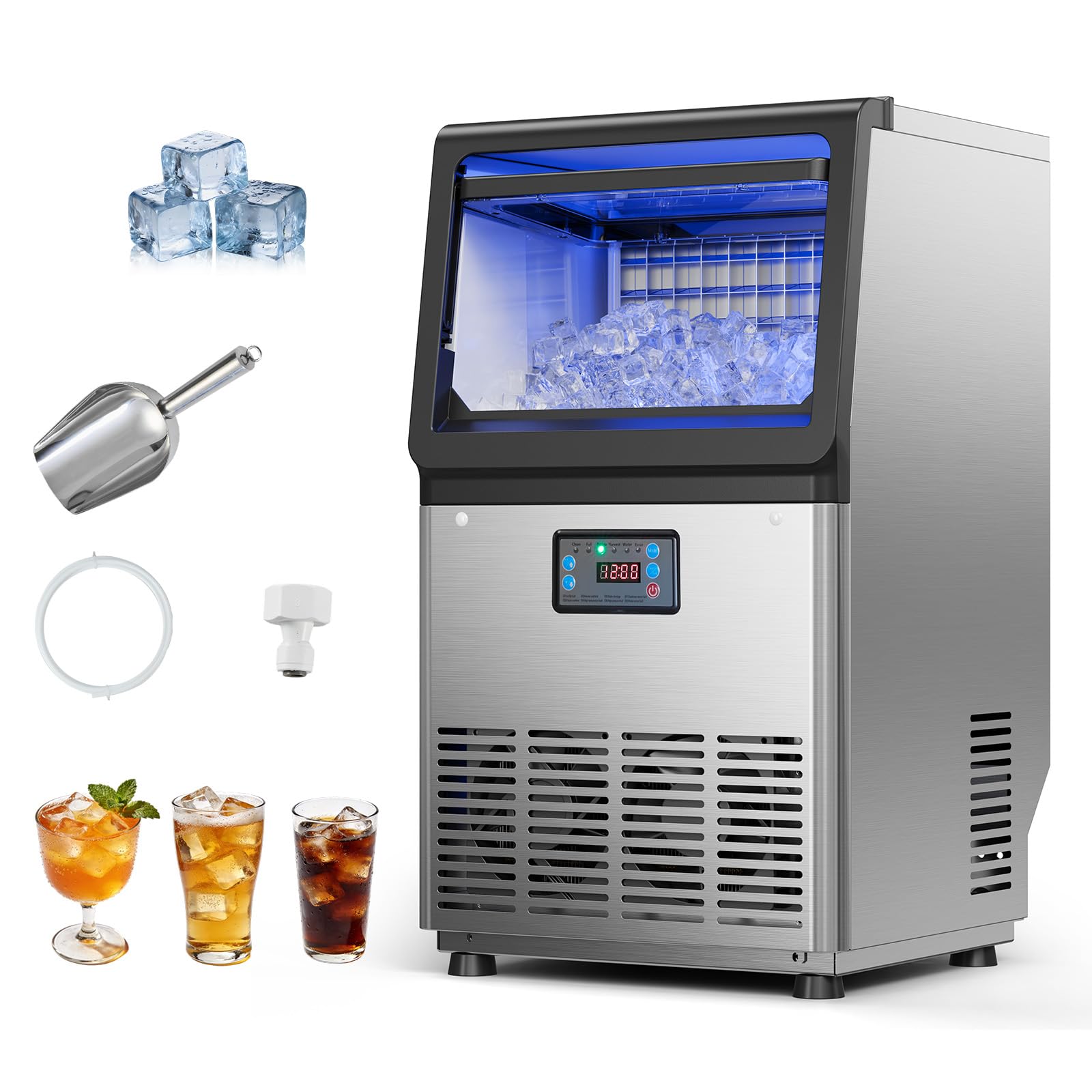 VEVOR Commercial Ice Maker Machine,Built-in/Freestanding/Under Counter, Stainless Steel Ice Maker with LED Display & Self-Cleaning, for Home Bar