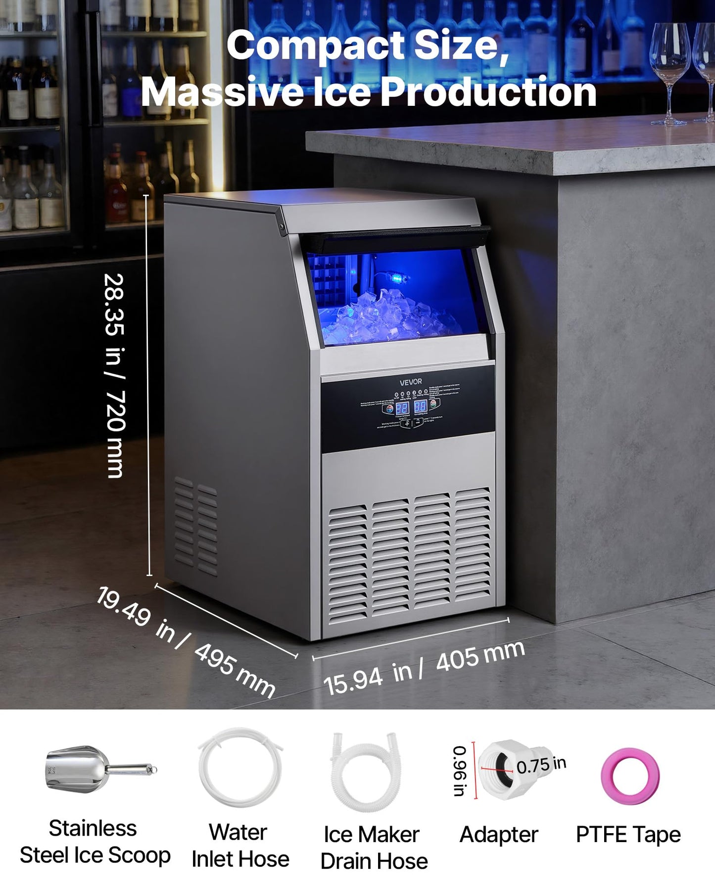 Stainless Steel Ice Maker with 130 lb Daily Capacity