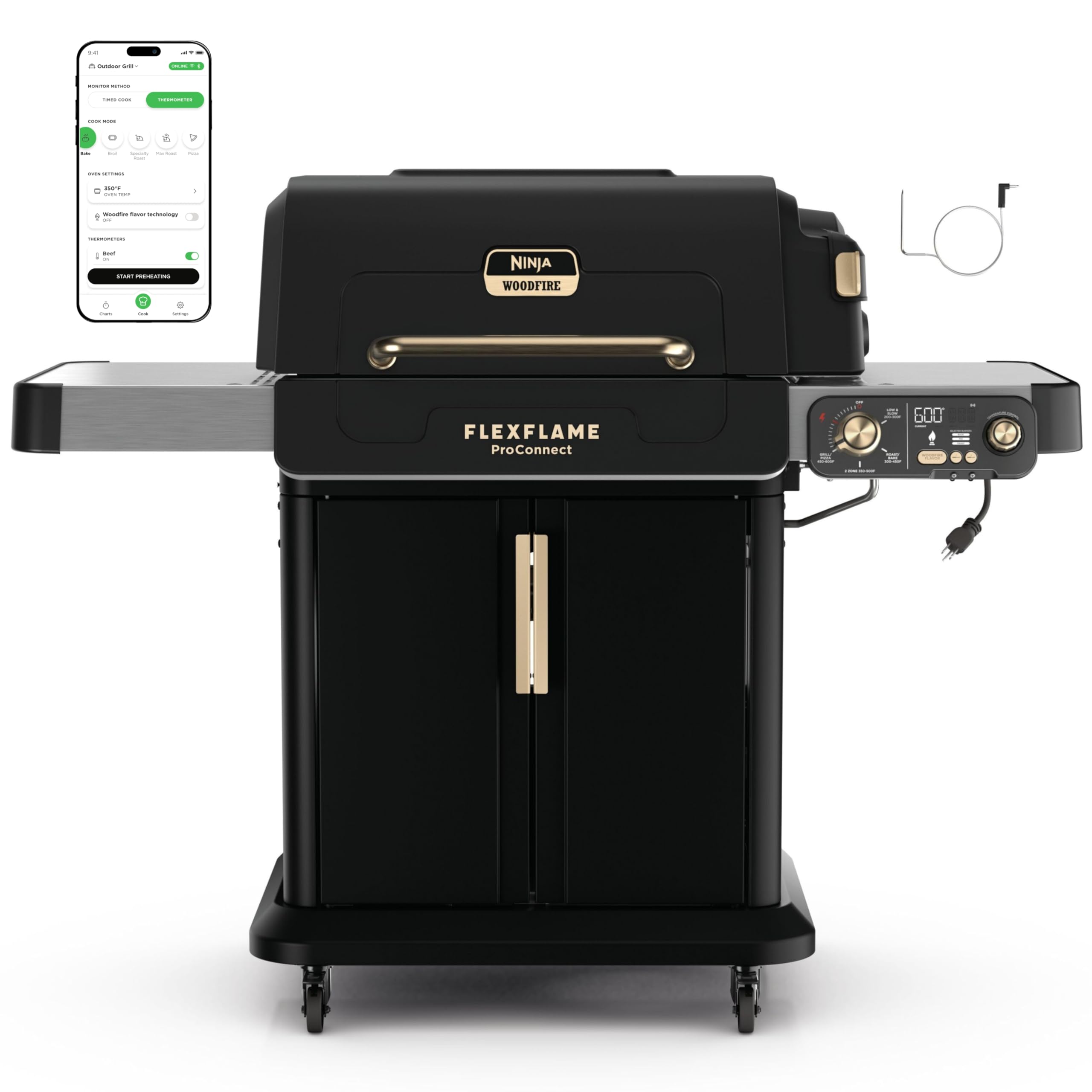 Ninja FlexFlame, Grill and Smoker, Electric and Propane Grill Stainless Steel, Black, Green, Blue