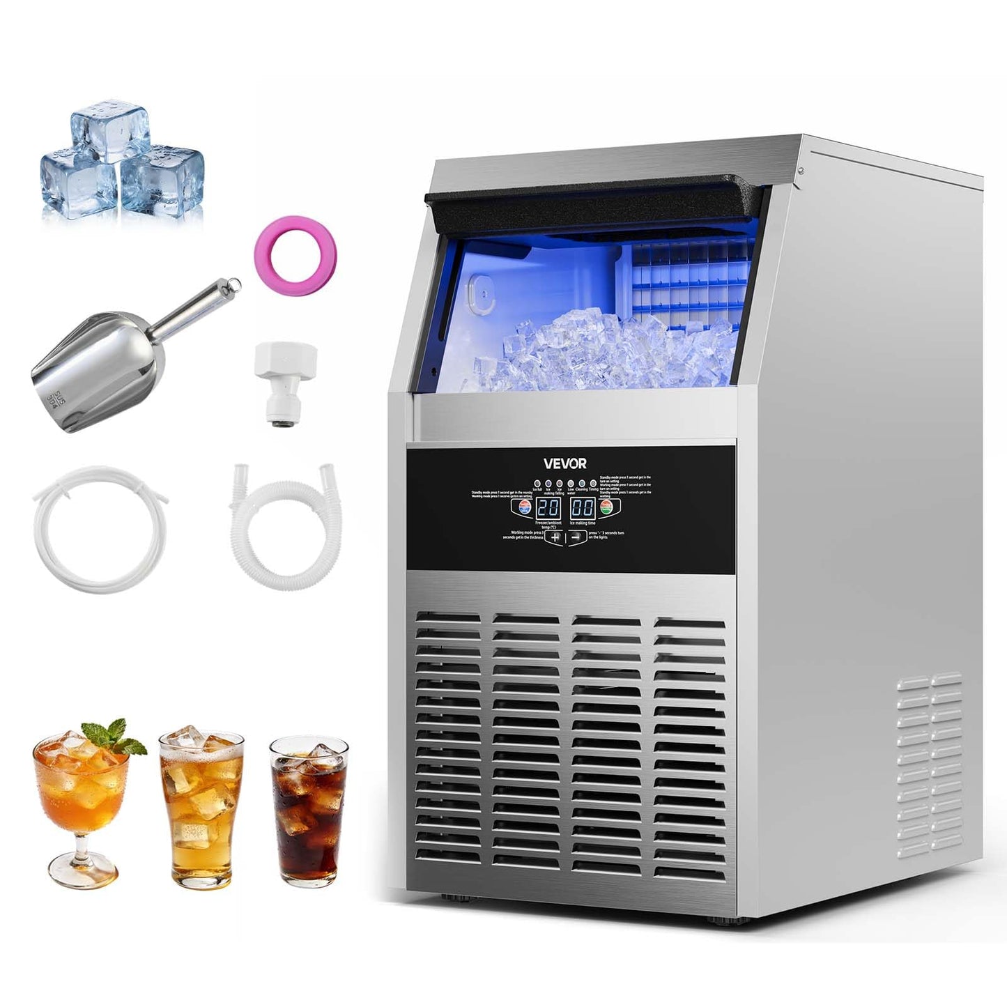 Stainless Steel Ice Maker with Self-Cleaning Display
