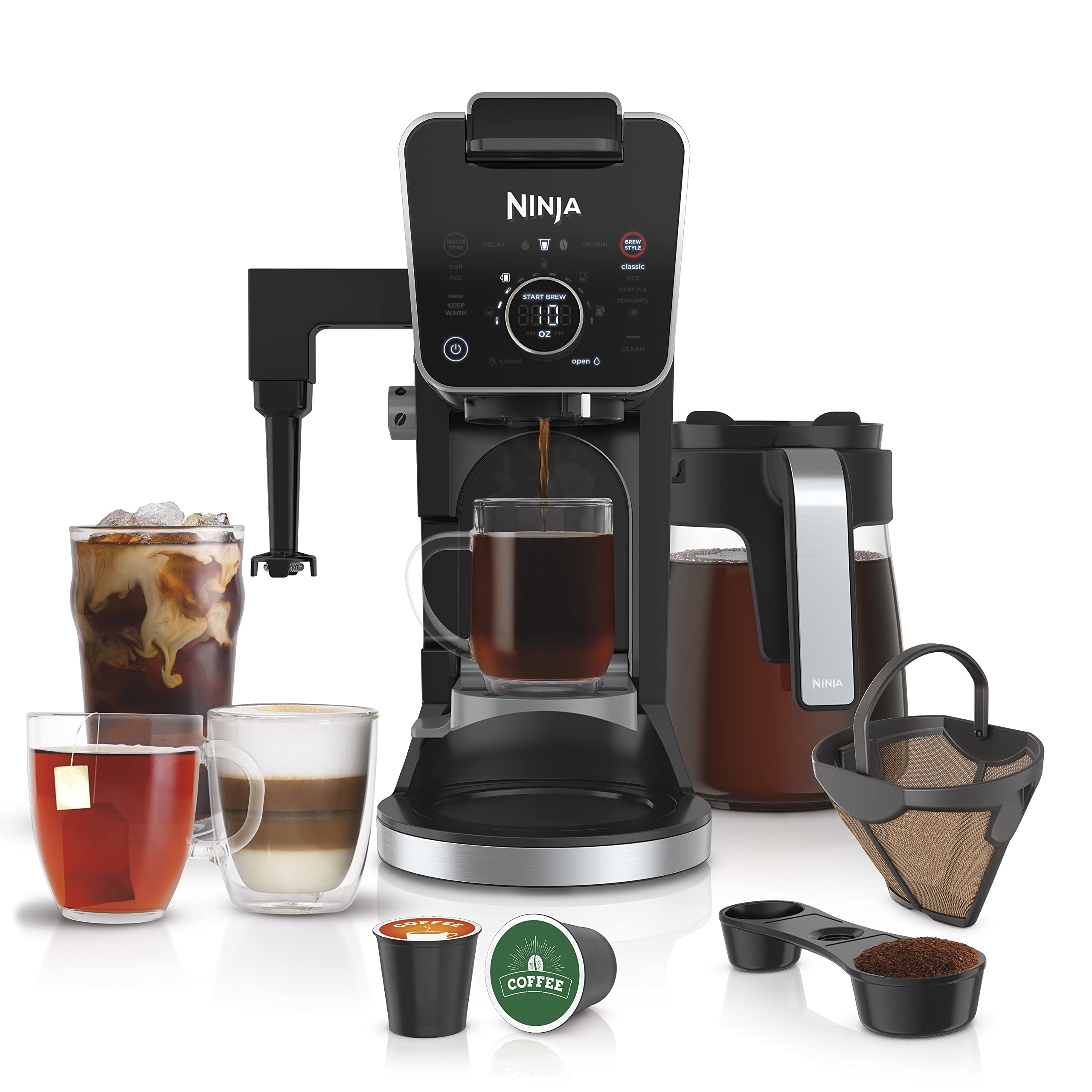 Ninja Specialty Drip Coffee Maker | DualBrew™ Pro Specialty Coffee Machine w/Frother, Permanent Filter | Brew w/Pods & Grounds, K Cups Compatible | 4 Brew Styles, 13 Cup to Pot Sizes | Black CFP307