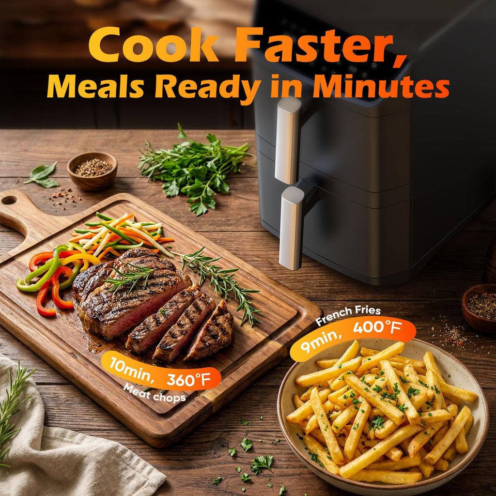 Dual Basket Air Fryer, 12.6QT Family-Size for 10–12 People, XL Basket for 6LB Whole Chicken, DoubleStack Compact Design, 10-in-1 Functions with Reheat, Dehydrate & SyncFinish, Dishwasher-Safe