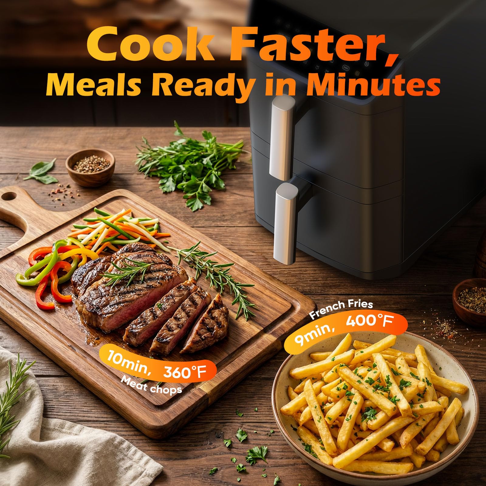 Dual Basket Air Fryer, 12.6QT Family-Size for 10–12 People, XL Basket for 6LB Whole Chicken, DoubleStack Compact Design, 10-in-1 Functions with Reheat, Dehydrate & SyncFinish, Dishwasher-Safe
