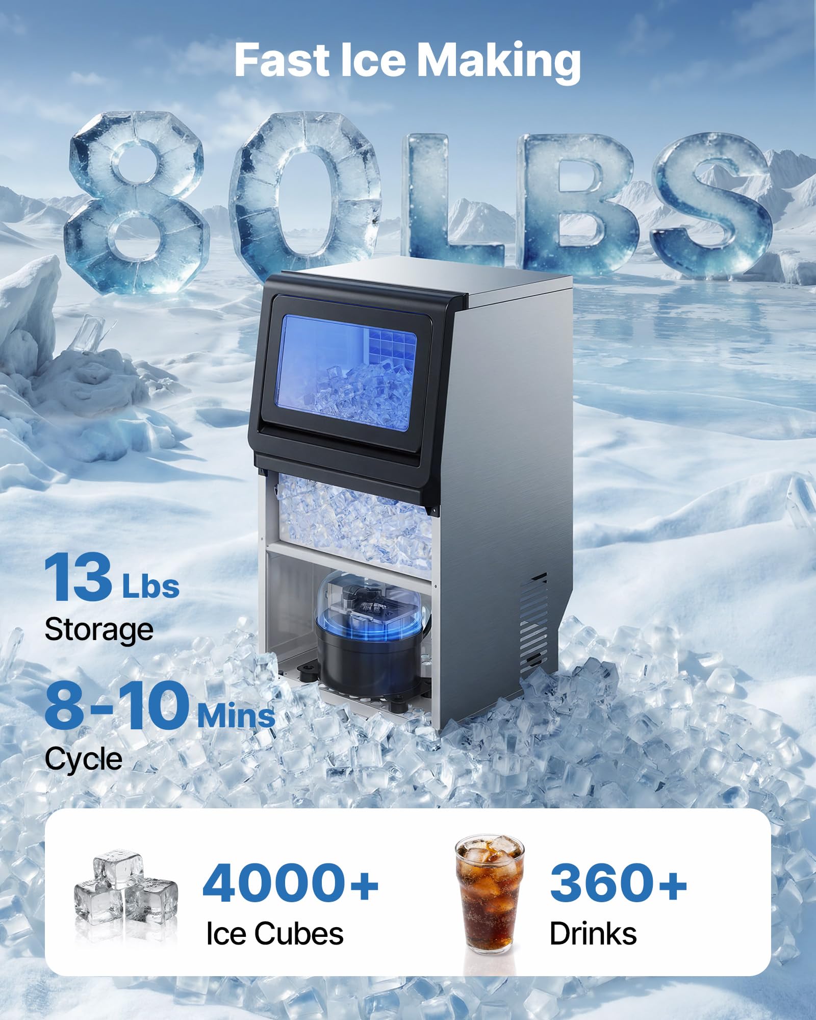 VEVOR Commercial Ice Maker Machine,Built-in/Freestanding/Under Counter, Stainless Steel Ice Maker with LED Display & Self-Cleaning, for Home Bar