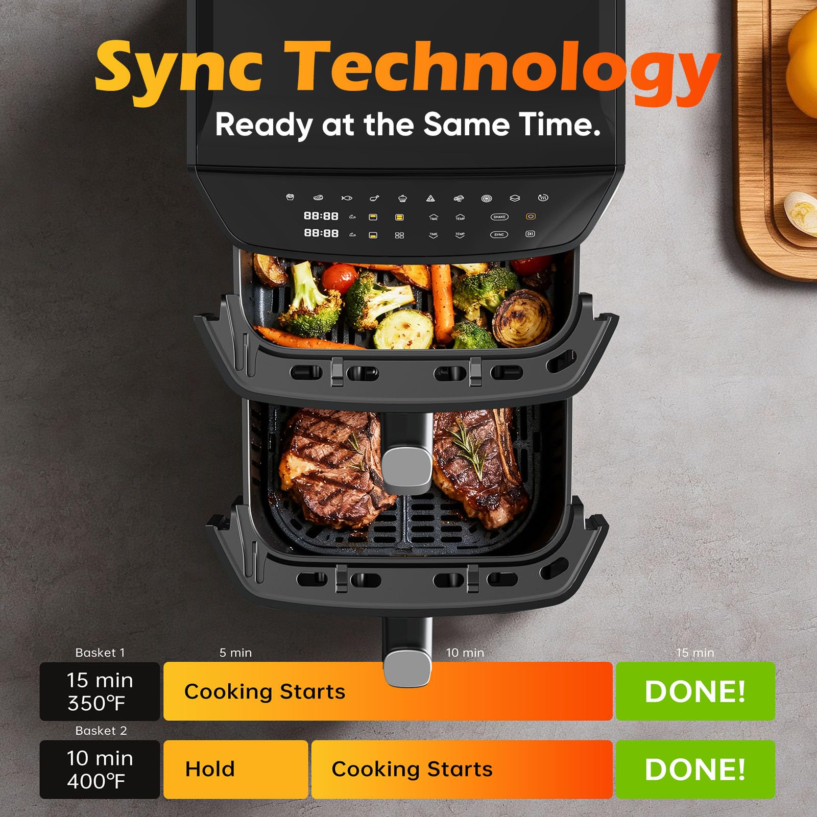 Dual Basket Air Fryer, 12.6QT Family-Size for 10–12 People, XL Basket for 6LB Whole Chicken, DoubleStack Compact Design, 10-in-1 Functions with Reheat, Dehydrate & SyncFinish, Dishwasher-Safe